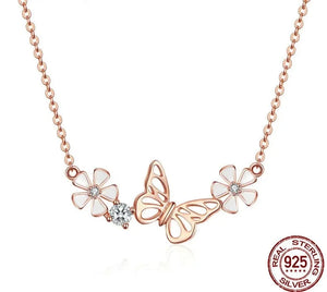 Women's 100% 925 Sterling Silver Zircon Link Chain Flower Necklace