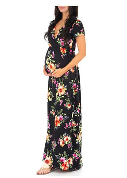 Women’s Polyester V-Neck Short Sleeves Floral Maternity Dress