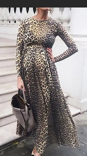 Women’s Cotton O-Neck Long Sleeves Leopard Maxi Maternity Dress