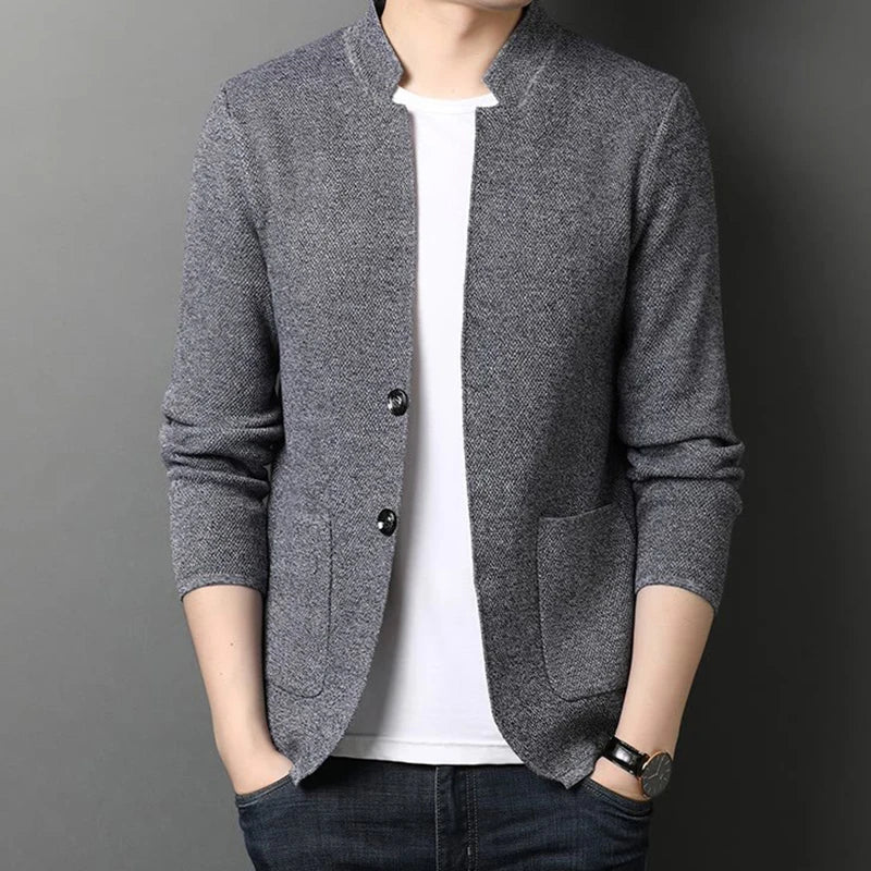 Men's Viscose Stand Collar Long Sleeves Solid Pattern Jacket