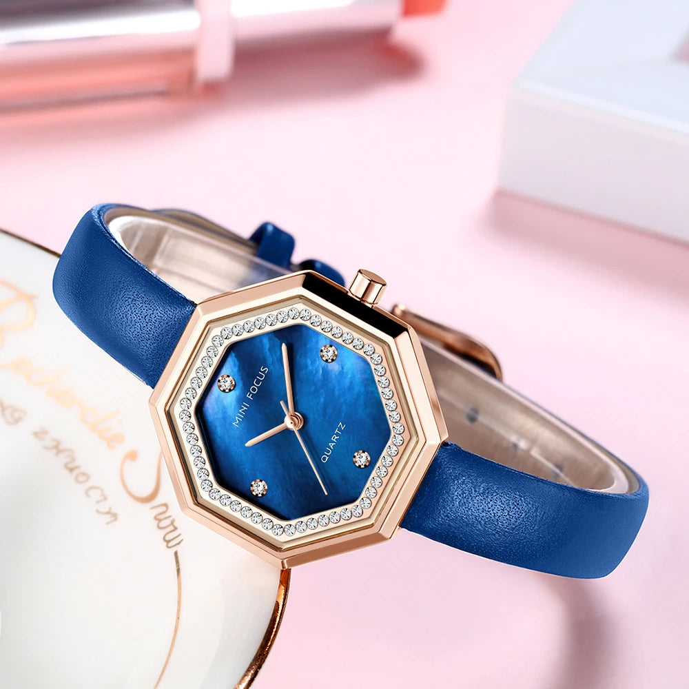 Women's Leather Polygon Shaped Waterproof Elegant Luxury Watch