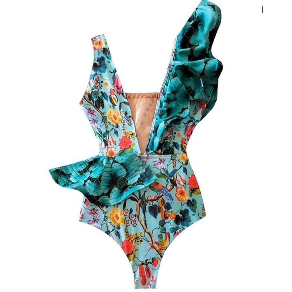 Women's Polyester V-Neck Printed Pattern Trendy Bathing One-Piece