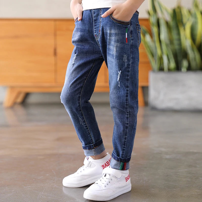 Kid's Cotton Mid Elastic Waist Closure Casual Wear Denim Pants