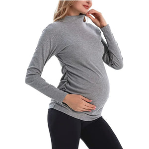 Women's Polyester Turtleneck Long Sleeves Solid Maternity T-Shirt