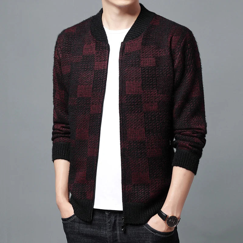 Men's V-Neck Full Sleeves Zipper Closure Plaid Casual Jacket