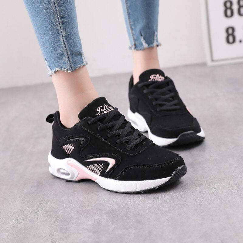 Women's Leather Lace-Up Patchwork Pattern Walking Running Shoes