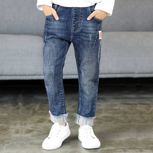 Kid's Cotton Mid Elastic Waist Closure Casual Wear Denim Pants