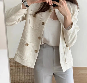 Women's Cotton O-Neck Full Sleeves Single Breasted Winter Blazer