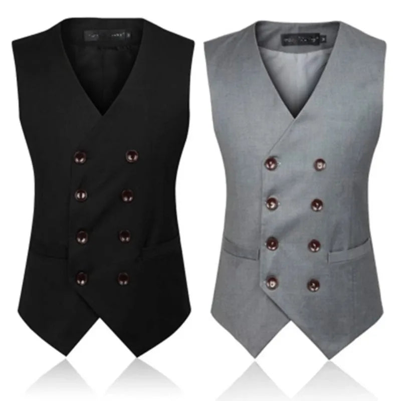 Men's Polyester V-Neck Sleeveless Double Breasted Formal Vests