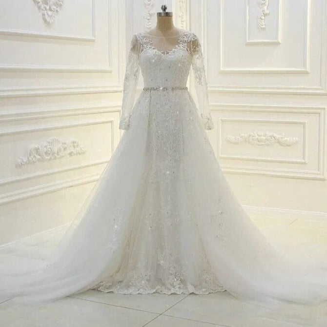 Women's V-Neck Long Sleeves Court Train A-Line Wedding Dress