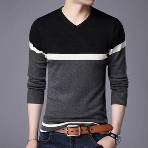 Men's V-Neck Polyester Long Sleeves Striped Pullover Sweater