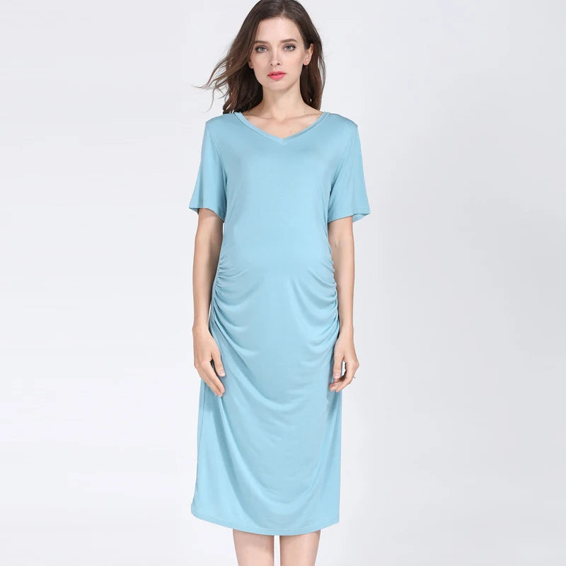 Women's Spandex V-Neck Short Sleeve Solid Pattern Maternity Dress