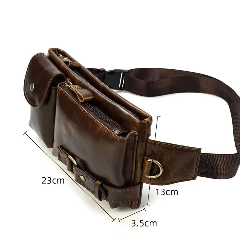 Men's Genuine Leather Solid Pattern Zipper Closure Waist Pack