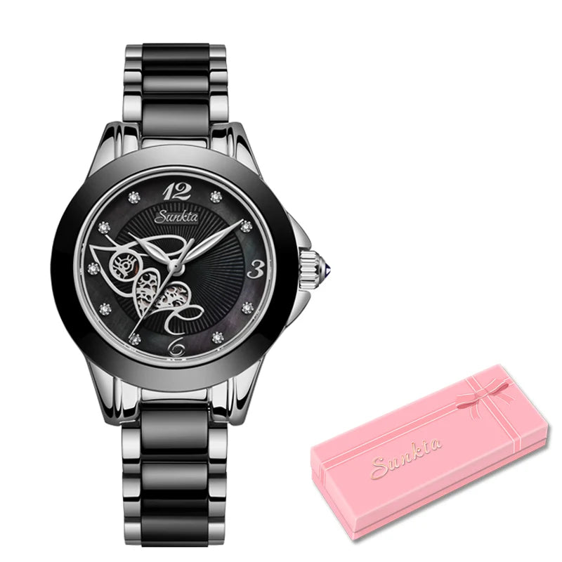 Women's Stainless Steel Push Button Hidden Clasp Waterproof Watch