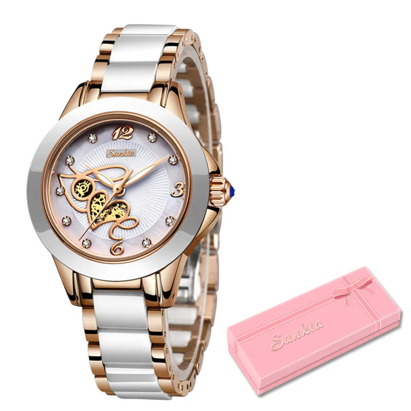 Women's Stainless Steel Push Button Hidden Clasp Waterproof Watch