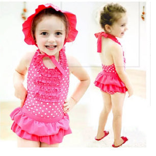 Kid's Polyester O-Neck Dotted Pattern Trendy Bathing Swimwear Set