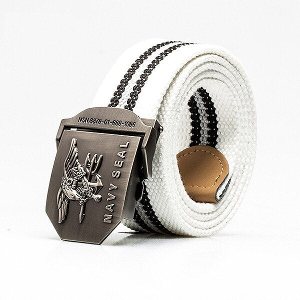 Men's Canvas Buckle Closure Striped Pattern Trendy Military Belts