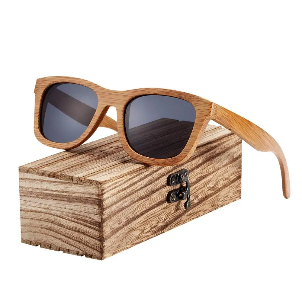 Women's Bamboo Frame Polaroid Lens Square Shaped Sunglasses