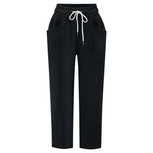 Women's Polyester Mid Waist Drawstring Closure Casual Trousers