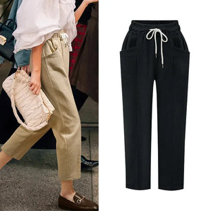 Women's Polyester Mid Waist Drawstring Closure Casual Trousers