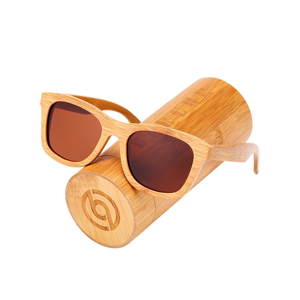 Women's Bamboo Frame Polaroid Lens Square Shaped Sunglasses