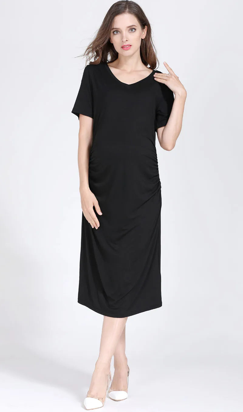 Women's Spandex V-Neck Short Sleeve Solid Pattern Maternity Dress