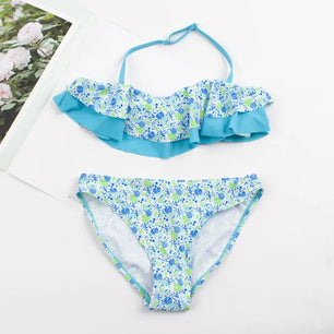 Kid's Girl Nylon Square-Neck Floral Pattern Swimwear Bikini Set