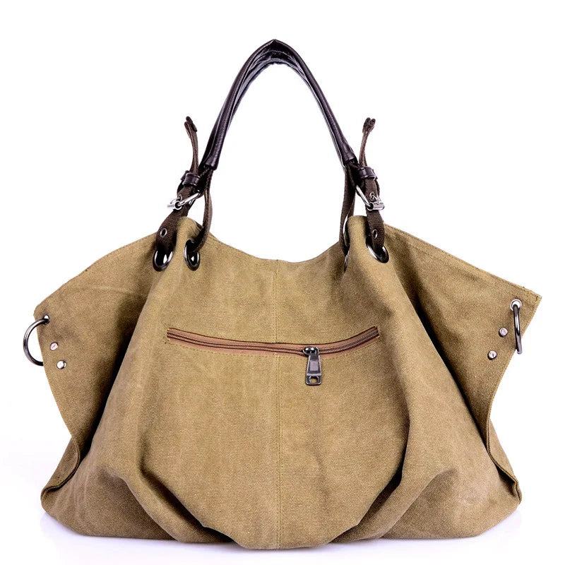 Women's Canvas Zipper Closure Solid Large Capacity Shoulder Bag