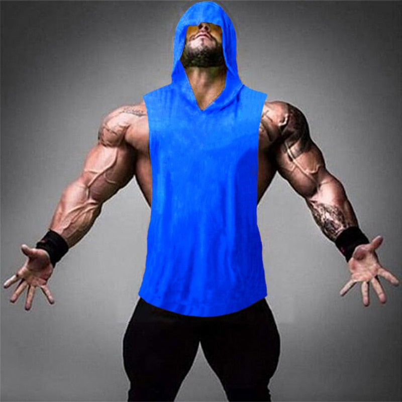 Men's Cotton Sleeveless Solid Pattern Hooded Sports Workout Vest