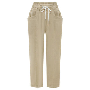 Women's Polyester Mid Waist Drawstring Closure Casual Trousers