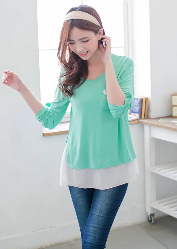 Women's Polyester O-Neck Long Sleeves Solid Maternity T-Shirt