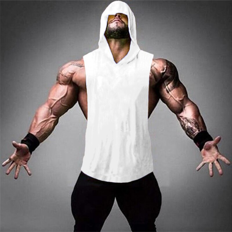 Men's Cotton Sleeveless Solid Pattern Hooded Sports Workout Vest