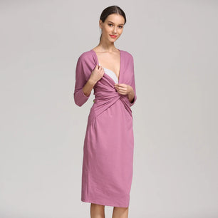 Women's Spandex V-Neck Long Sleeve Solid Pattern Maternity Dress