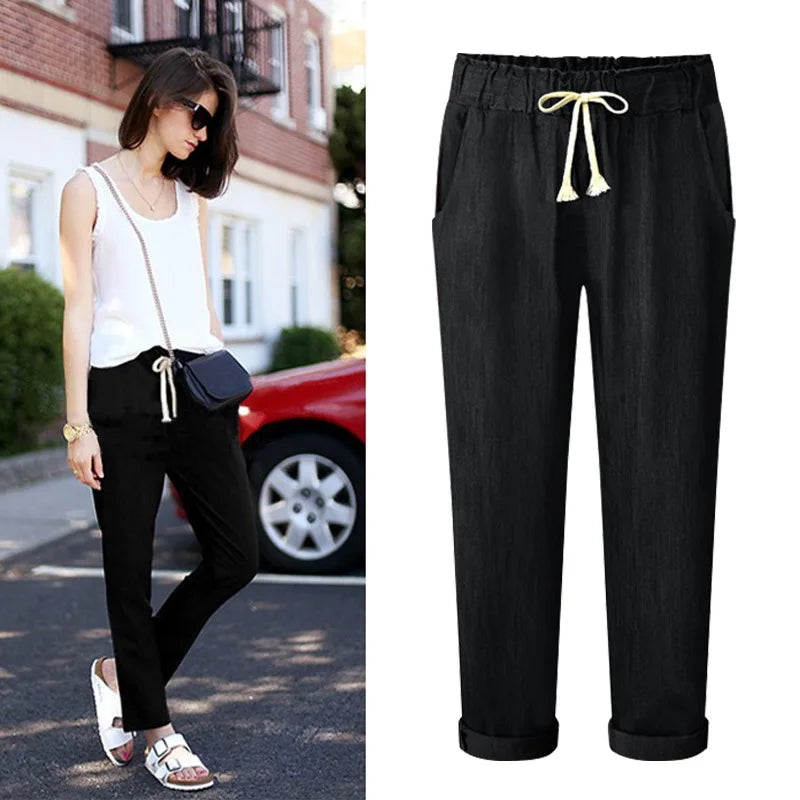 Women's Polyester Mid Waist Drawstring Closure Casual Pants