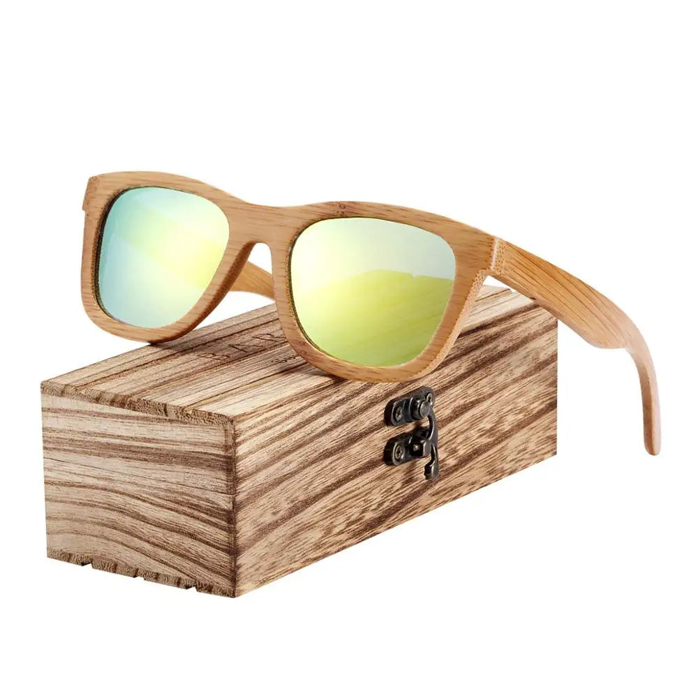 Women's Bamboo Frame Polaroid Lens Square Shaped Sunglasses