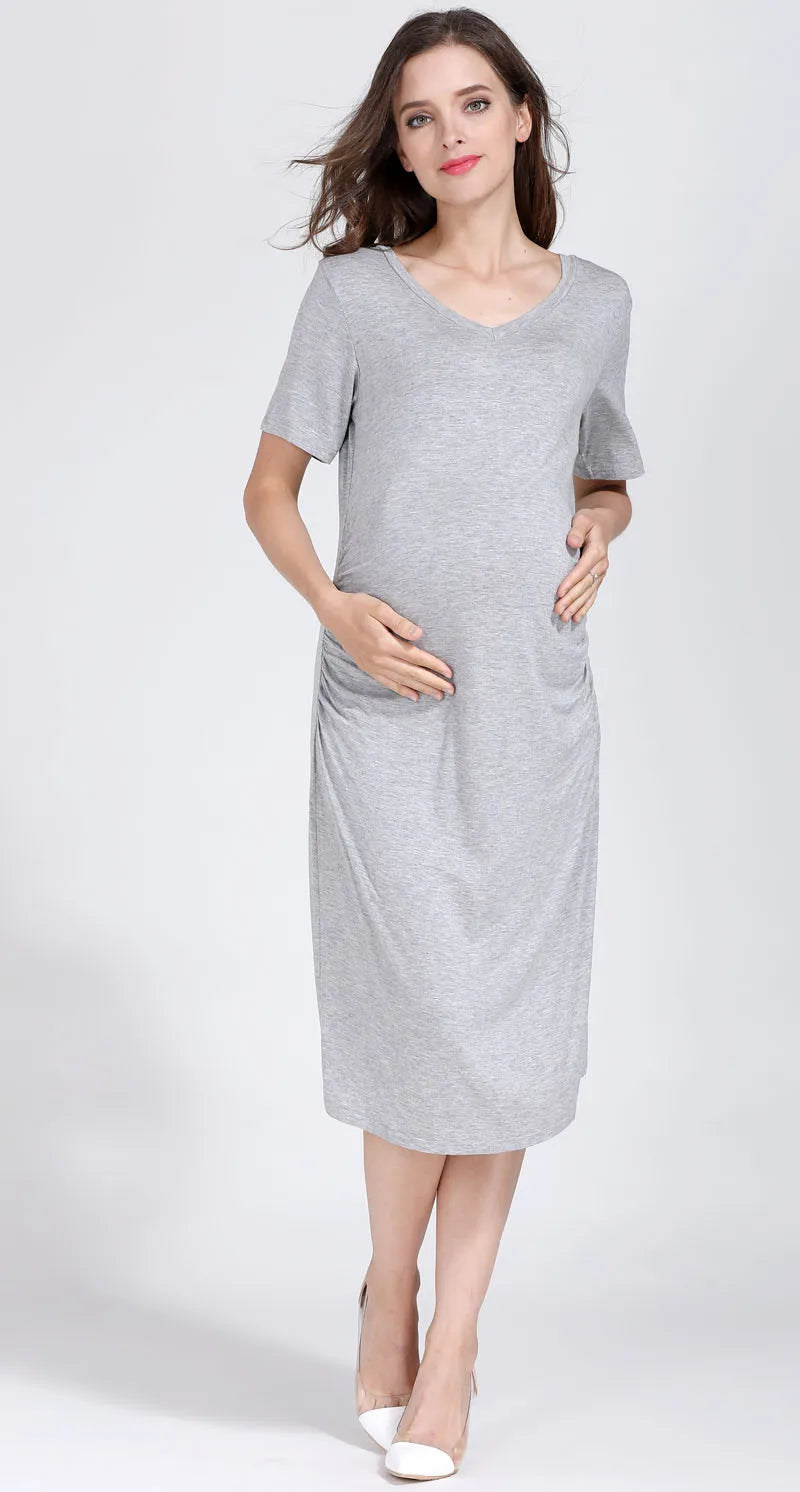 Women's Spandex O-Neck Short Sleeve Solid Pattern Maternity Dress