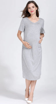 Women's Spandex V-Neck Short Sleeve Solid Pattern Maternity Dress