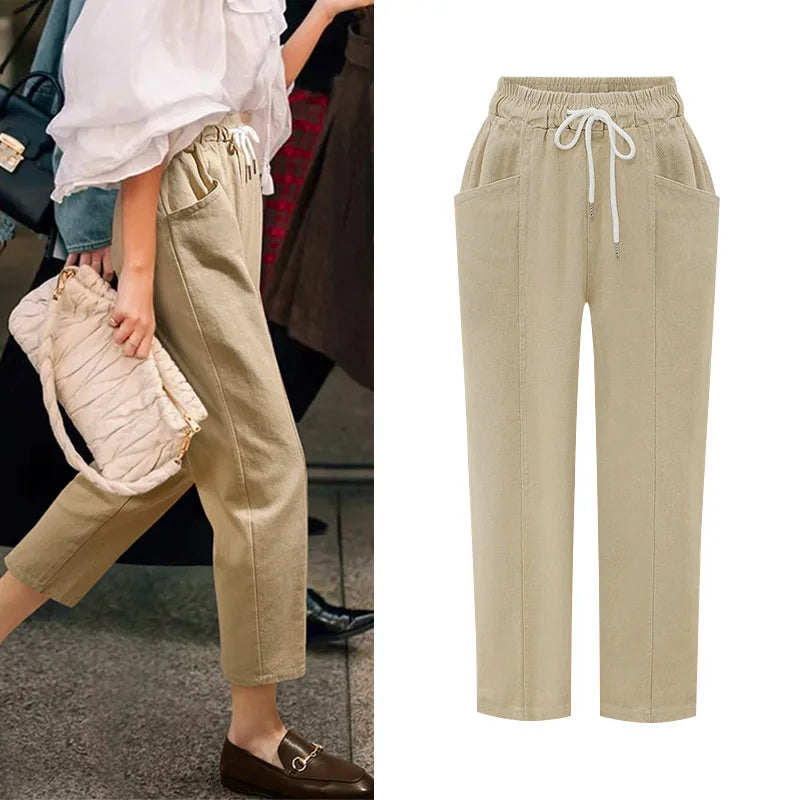 Women's Polyester Mid Waist Drawstring Closure Casual Trousers