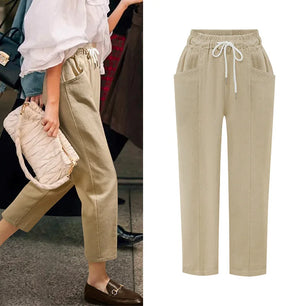 Women's Polyester Mid Waist Drawstring Closure Casual Trousers