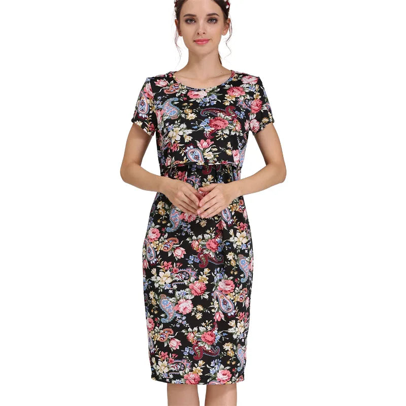 Women's Rayon O-Neck Short Sleeve Floral Pattern Maternity Dress