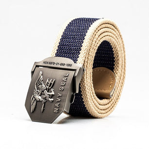 Men's Canvas Buckle Closure Striped Pattern Trendy Military Belts