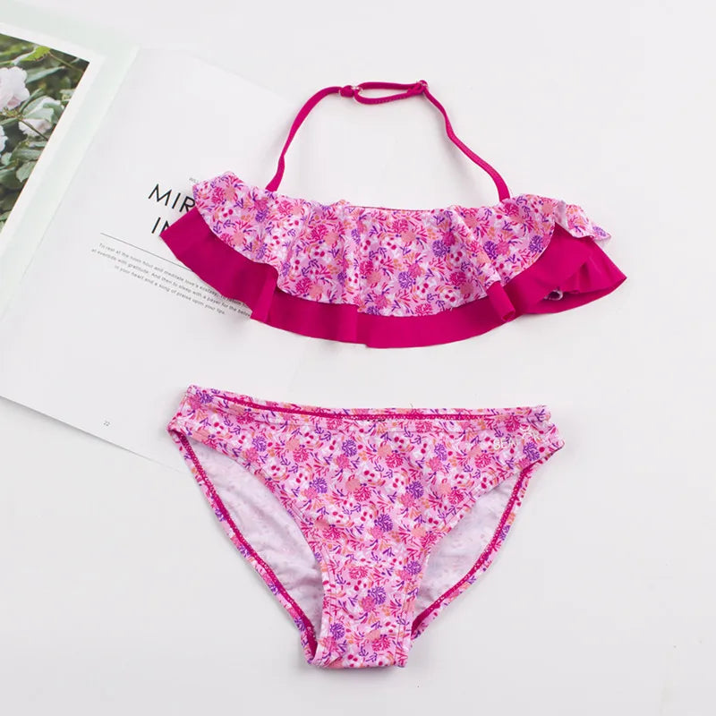 Kid's Girl Nylon Square-Neck Floral Pattern Swimwear Bikini Set