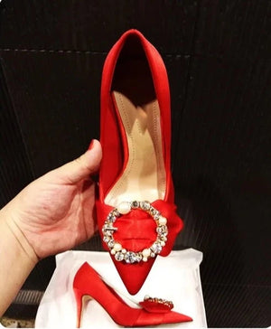 Women's Silk Pointed Toe Slip-On Closure Mid Heels Wedding Shoes