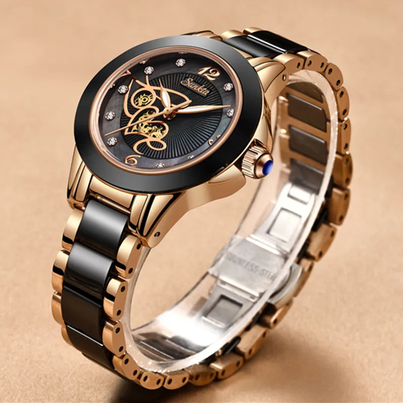 Women's Stainless Steel Push Button Hidden Clasp Waterproof Watch