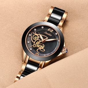 Women's Stainless Steel Push Button Hidden Clasp Waterproof Watch