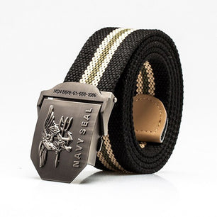 Men's Canvas Buckle Closure Striped Pattern Trendy Military Belts