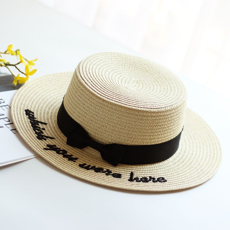 Women's Straw Letter Pattern Casual Embroidery Ribbon Sun Hats