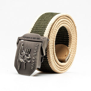 Men's Canvas Buckle Closure Striped Pattern Trendy Military Belts