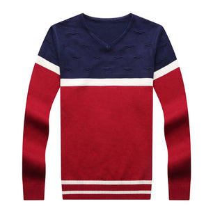 Men's V-Neck Polyester Long Sleeves Striped Pullover Sweater