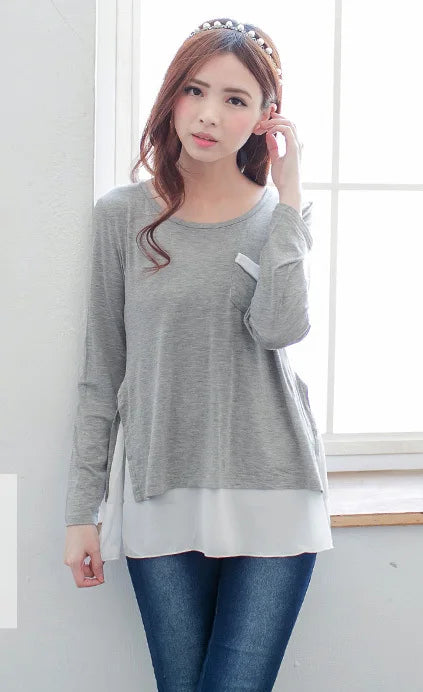 Women's Polyester O-Neck Long Sleeves Solid Maternity T-Shirt